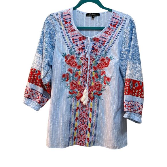 Calessa Tops - Calessa Shirt Womens Small Blue Embroidered Boho Peasant Tunic Top 3/4 Sleeve